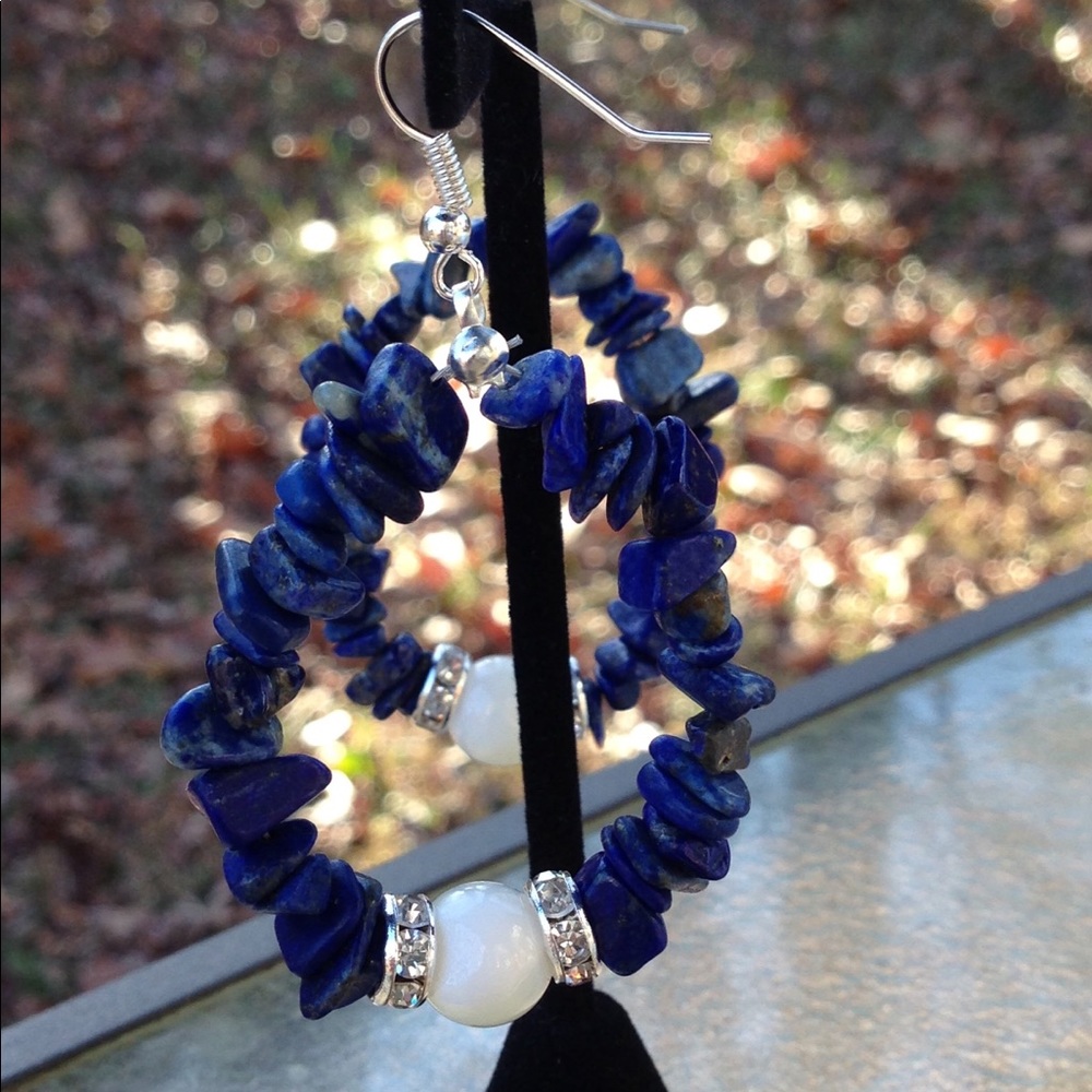 Blue Lapis Lazuli White Howlite Hoop Earrings - Picture 6 of 6